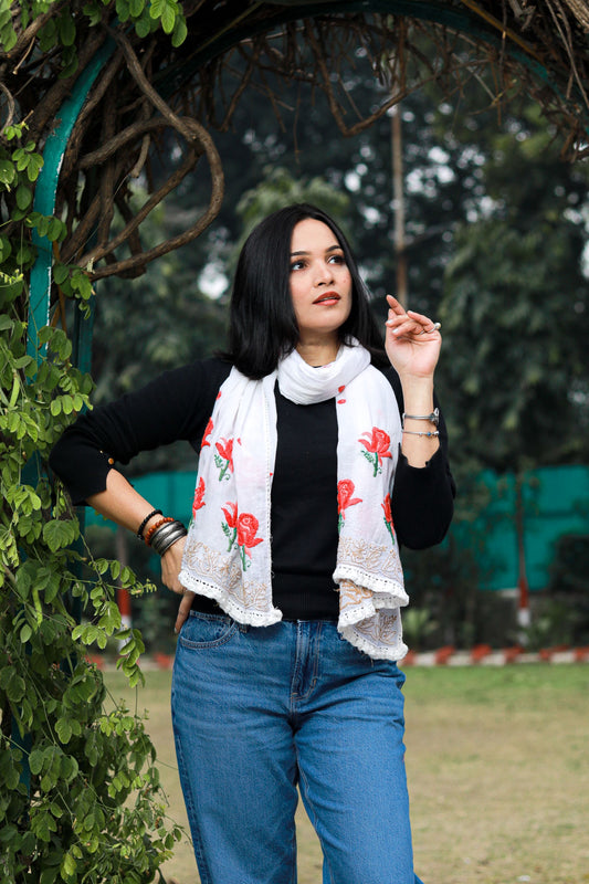 'A garden of Roses' Mulmul Chikankari hand-embroidered Stole