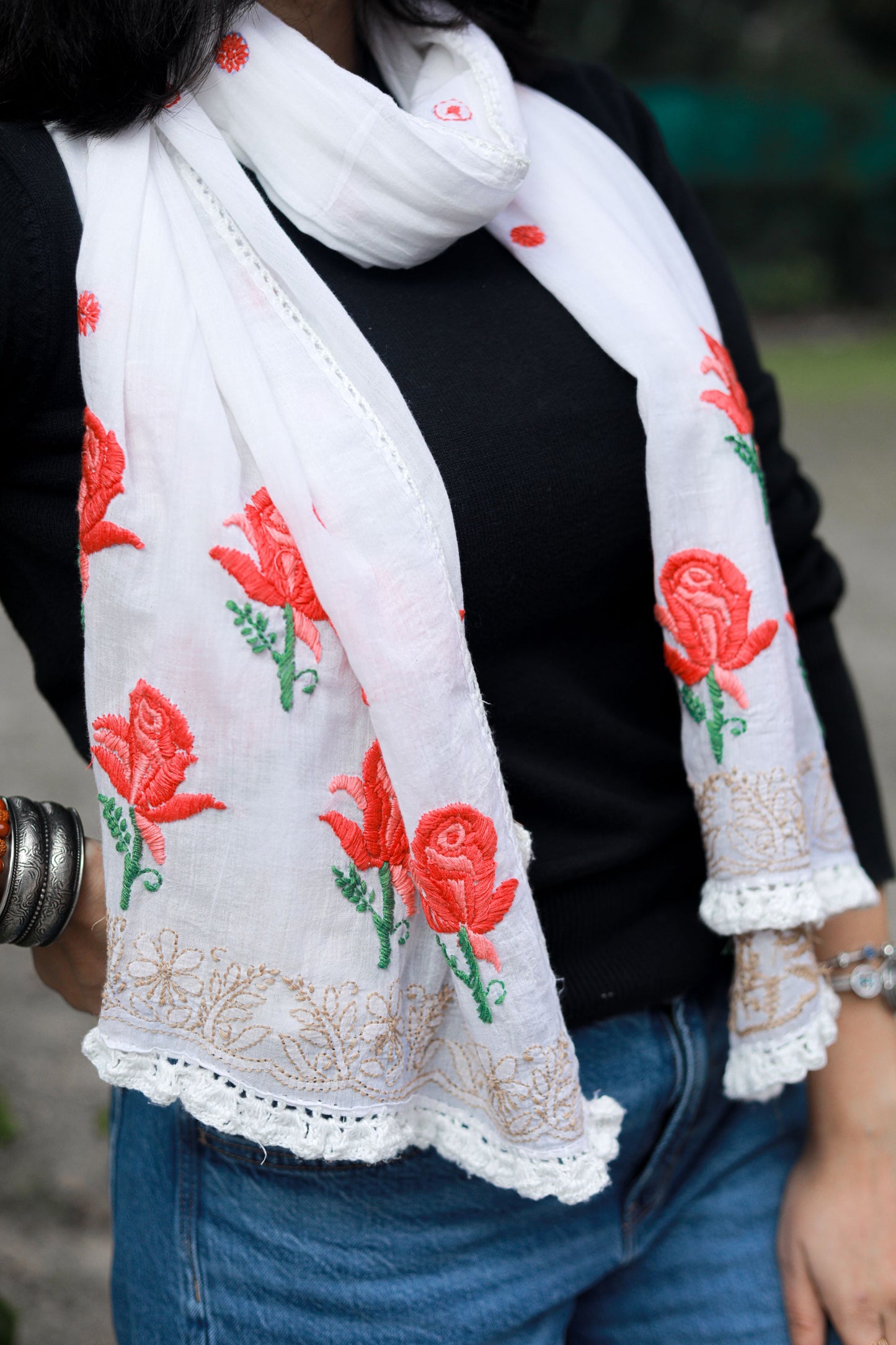 'A garden of Roses' Mulmul Chikankari hand-embroidered Stole