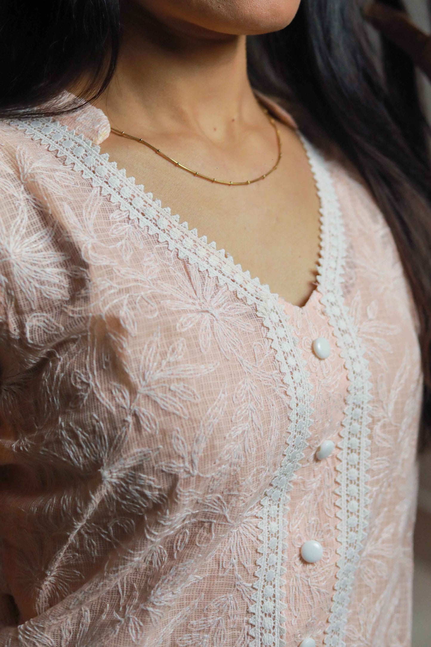 Peach Kota-Doria Chikankari Coord Set