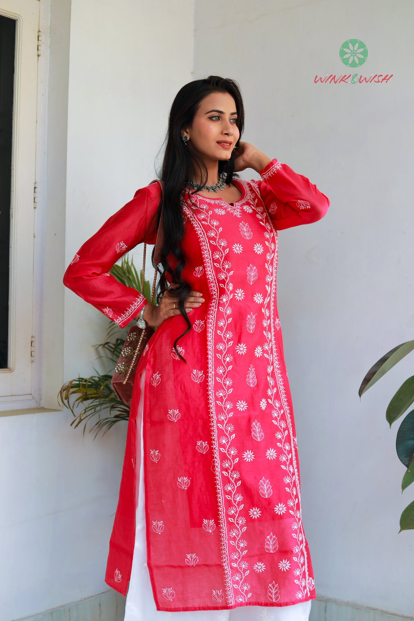 'The Queen's Heart' Mul-chanderi Magenta Chikankari Kurti