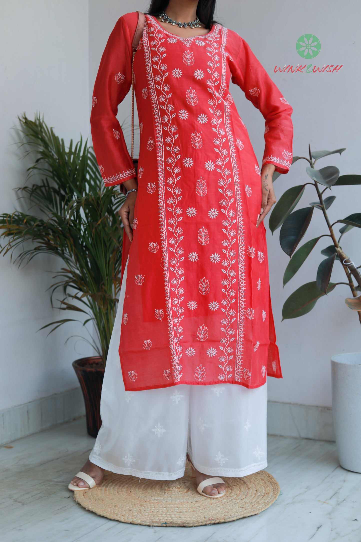 'The Queen's Heart' Mul-chanderi Magenta Chikankari Kurti