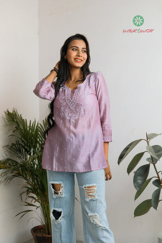 Chanderi Lilac Chikankari Short Kurti