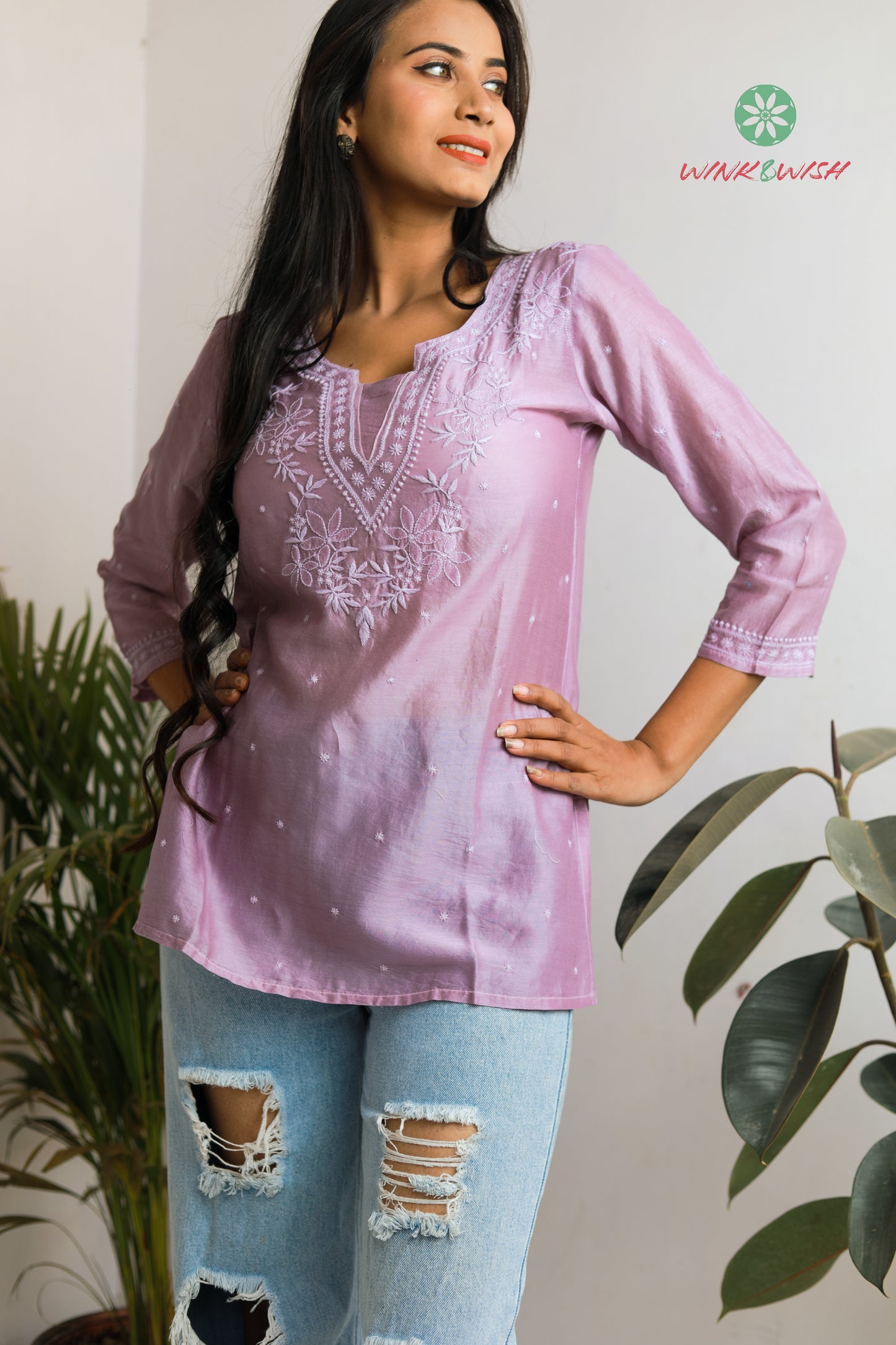 Chanderi Lilac Chikankari Short Kurti