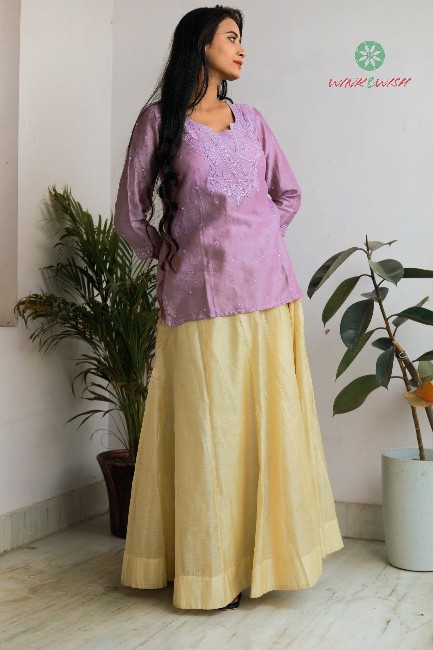 Chanderi Lilac Chikankari Short Kurti