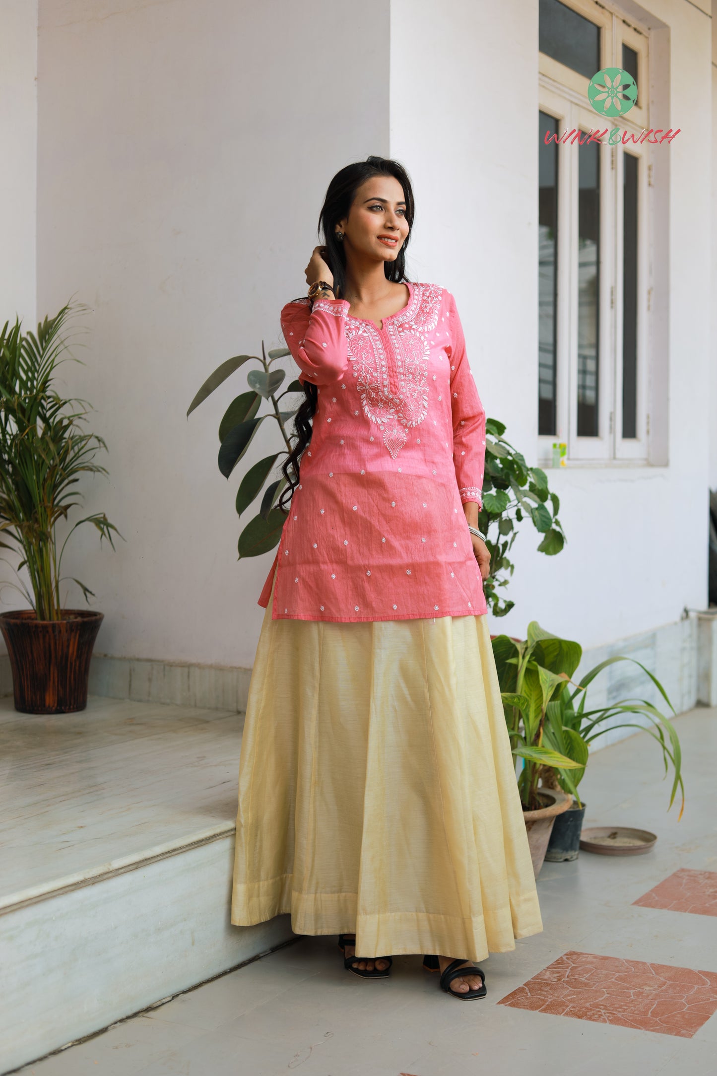 'Dusty Rose' Pink Mul Chanderi Chikankari Short Kurti