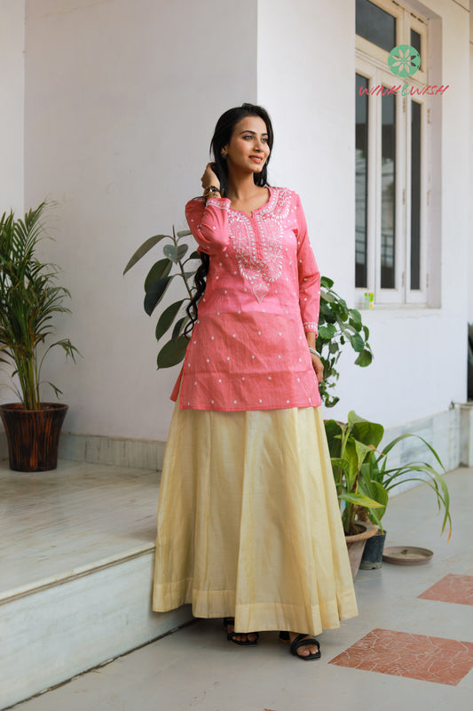 'Dusty Rose' Pink Mul Chanderi  Chikankari Short Kurti