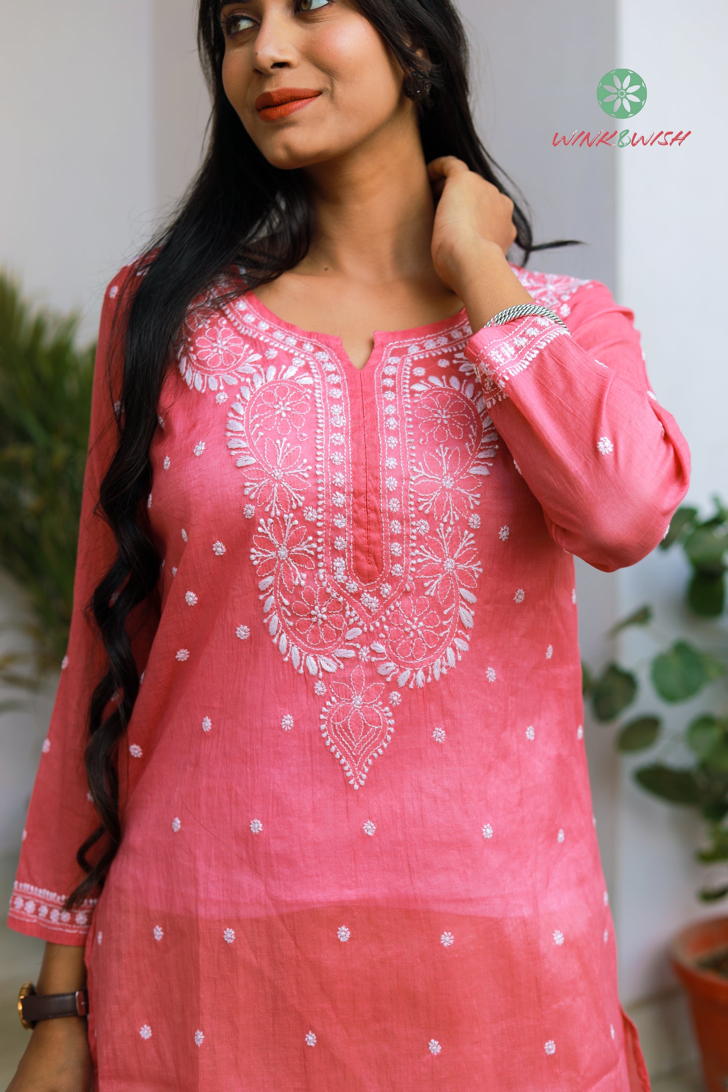 'Dusty Rose' Pink Mul Chanderi Chikankari Short Kurti
