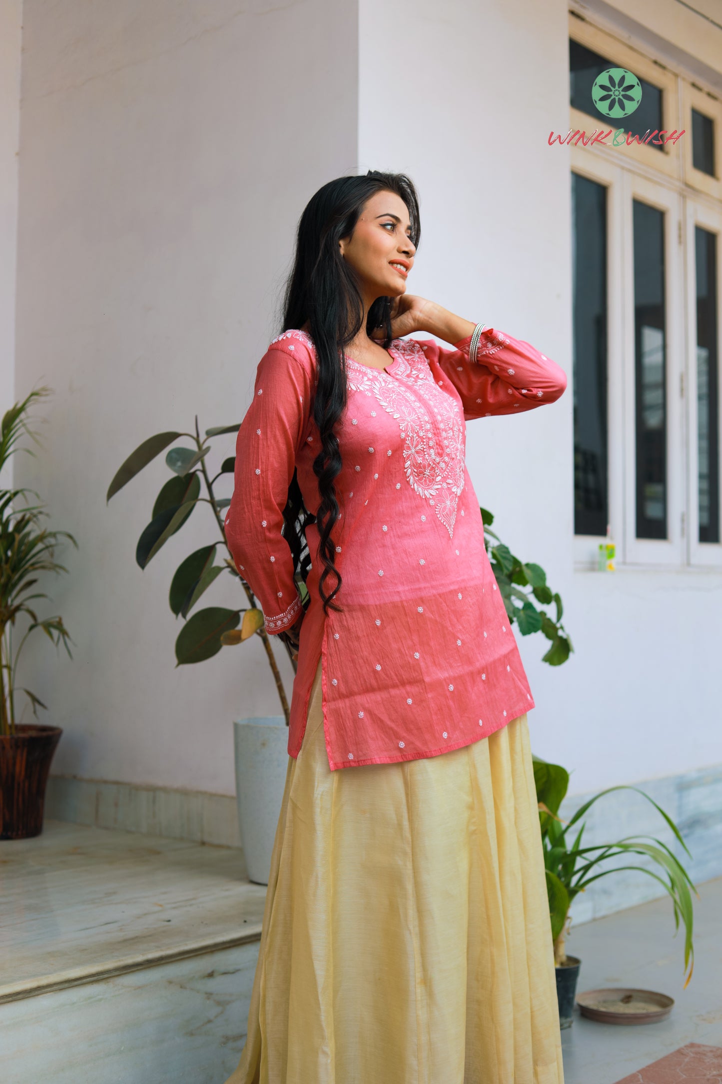 'Dusty Rose' Pink Mul Chanderi Chikankari Short Kurti