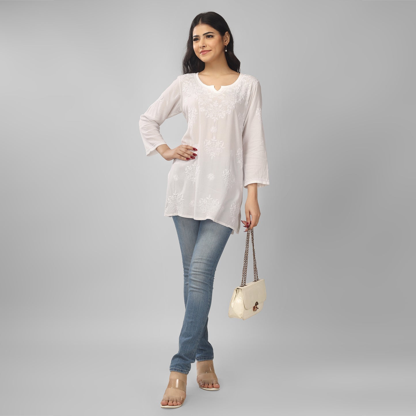 'WAW Basics' White Rayon Chikankari Short Kurti