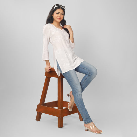 'WAW Basics' White Rayon Chikankari Short Kurti