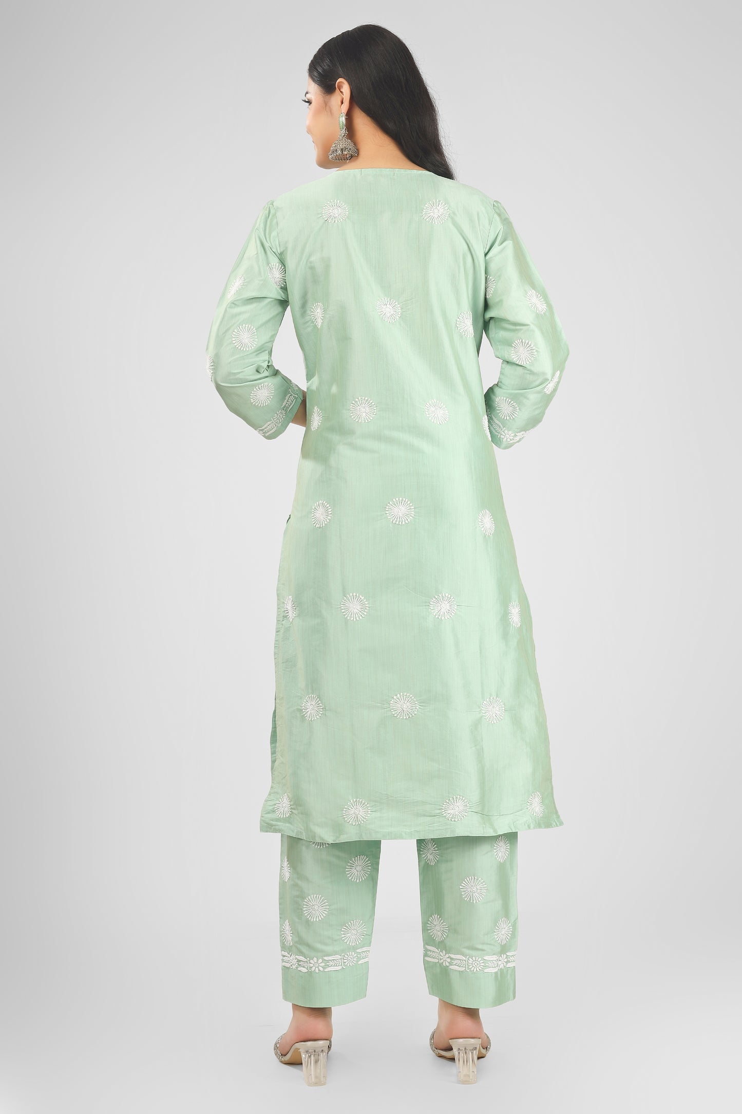 Pastel Green Silk Chikankari Kurta-Pant Set