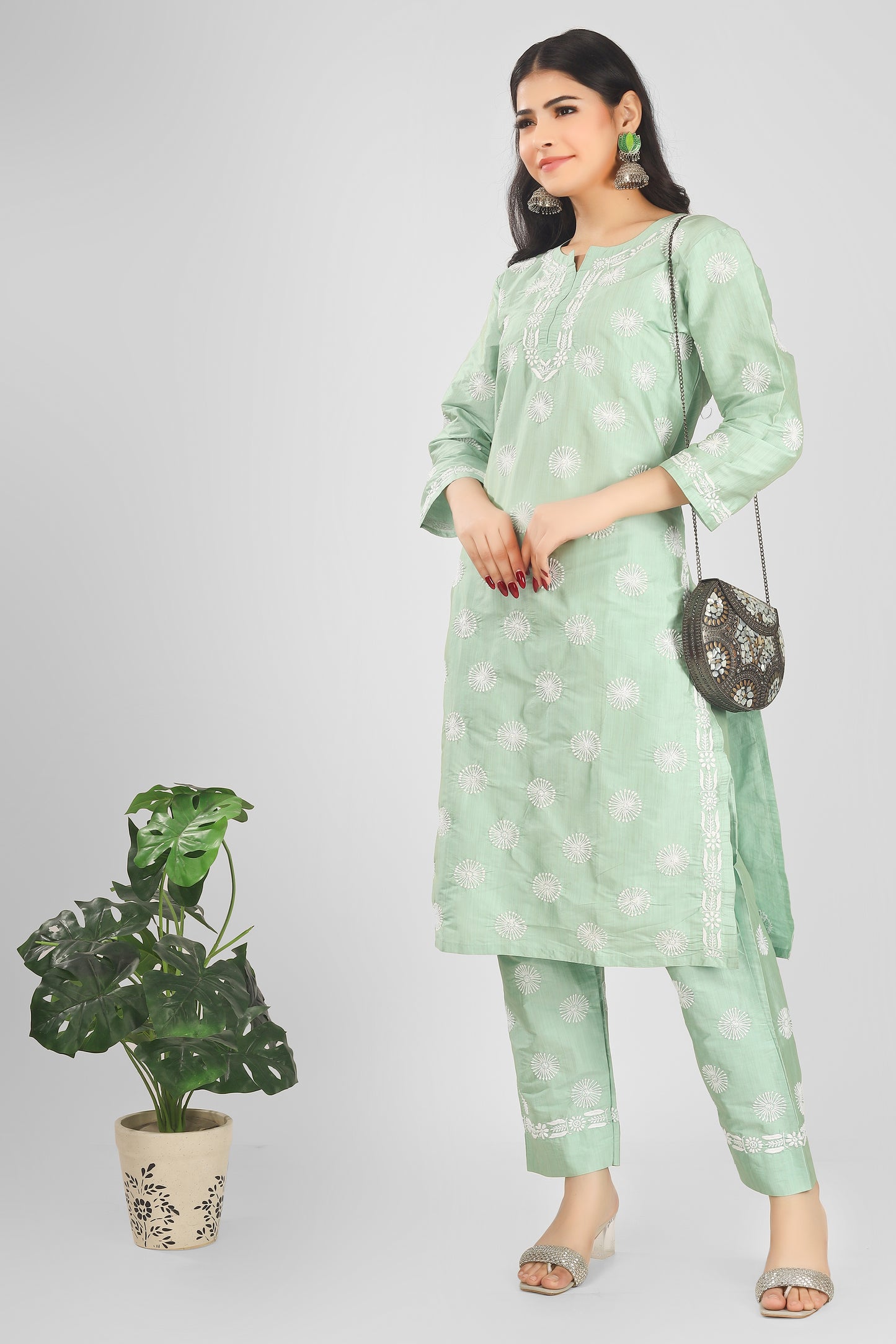 Pastel Green Silk Chikankari Kurta-Pant Set
