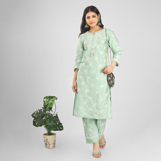 Pastel Green Silk Chikankari Kurta-Pant Set