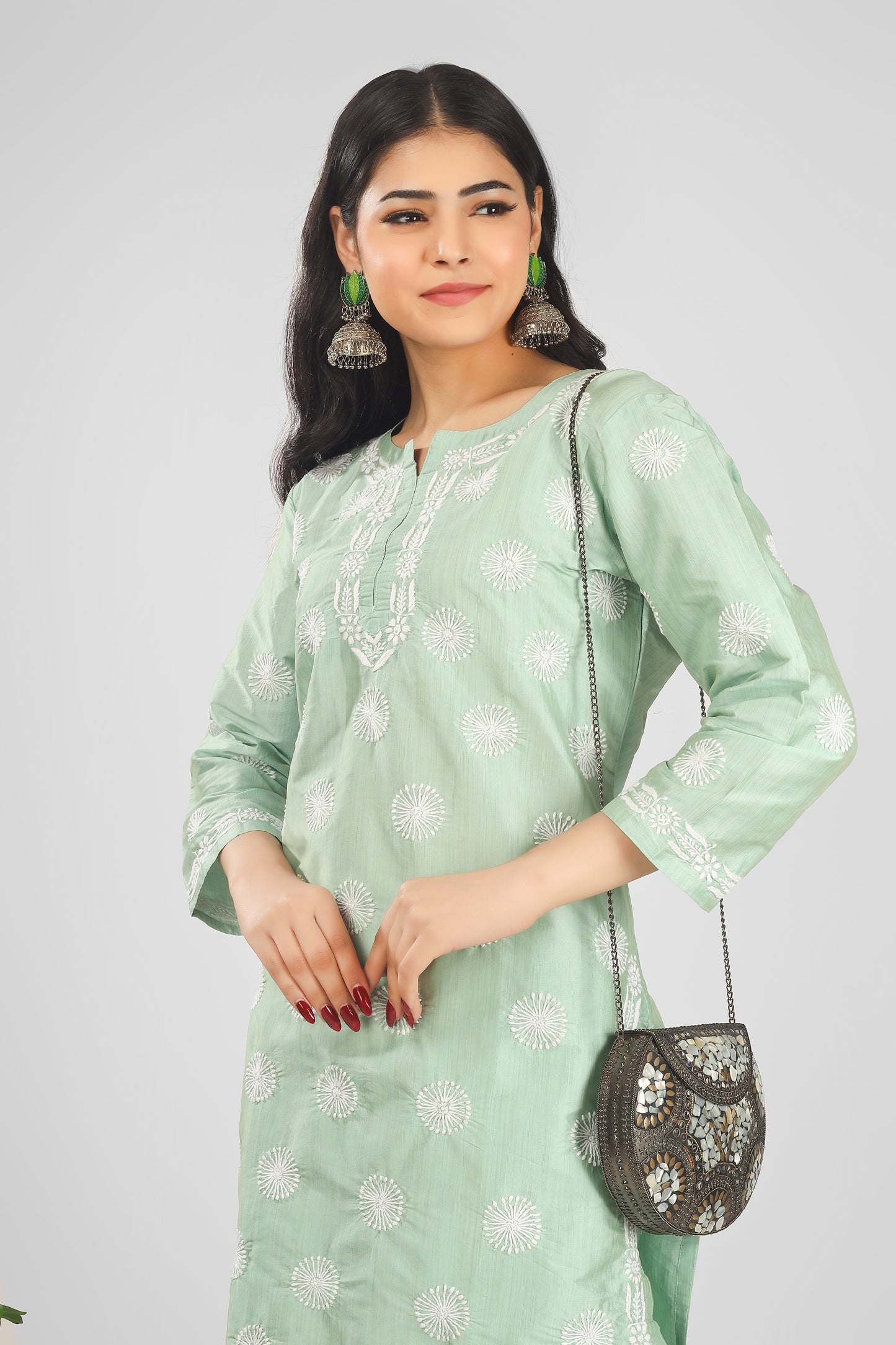 Pastel Green Silk Chikankari Kurta-Pant Set