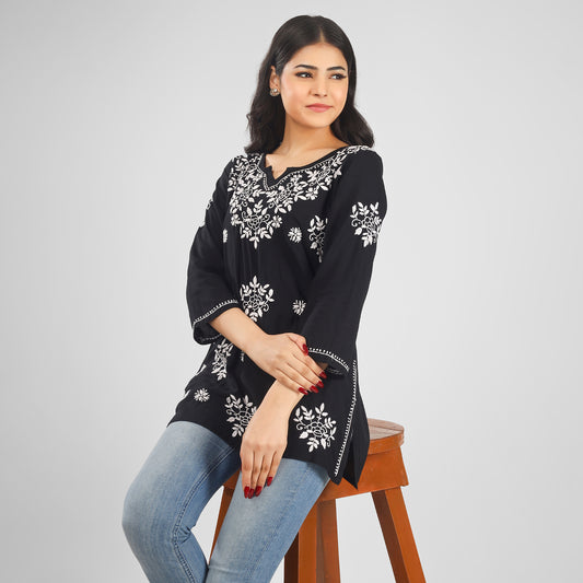 'WAW Basics' Black Rayon Chikankari Short Kurti with White embroidery