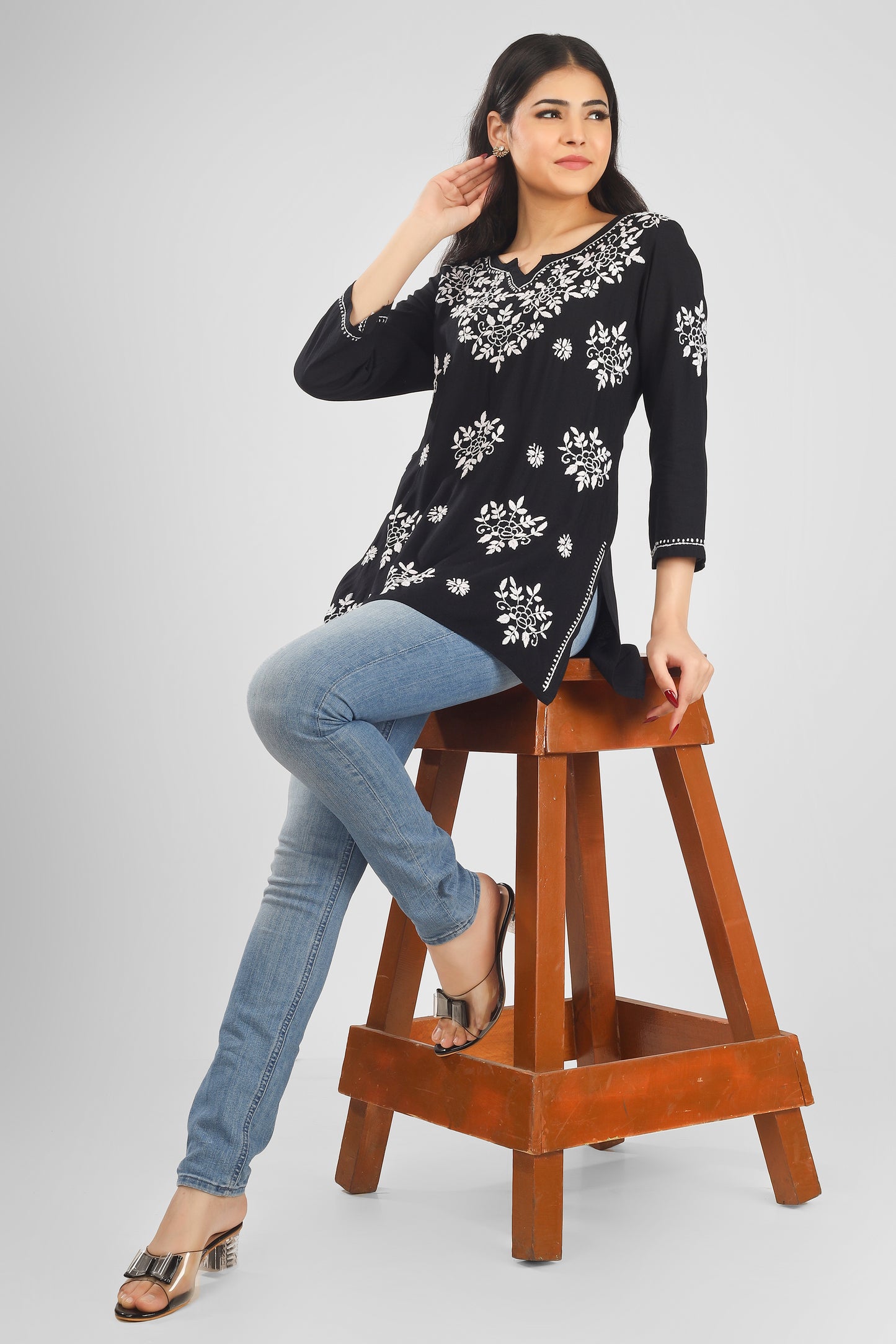 'WAW Basics' Black Rayon Chikankari Short Kurti with White embroidery