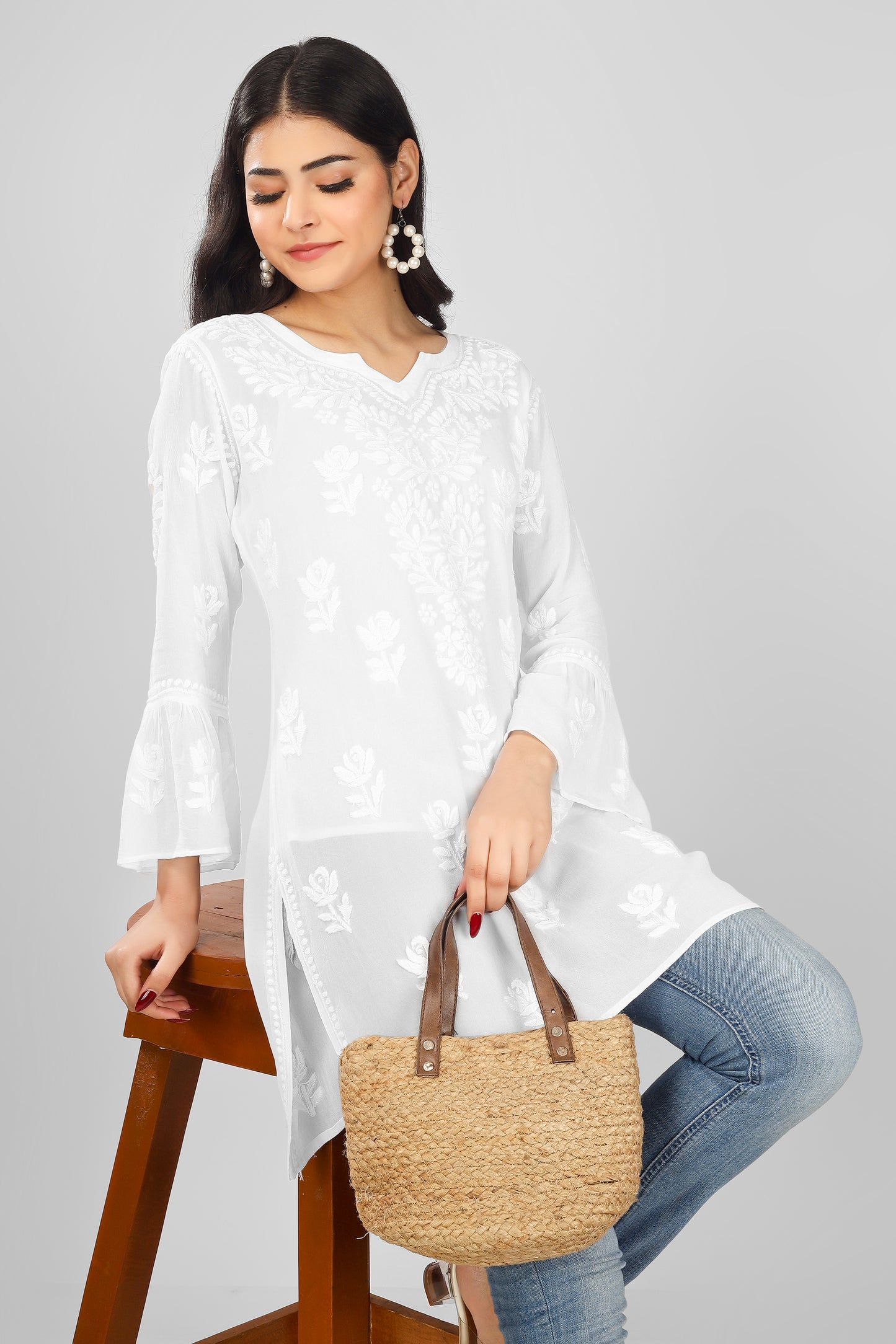 Stylish White Pure Georgette Chikankari Short Kurti with Bell Sleeves