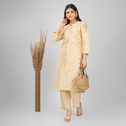 'Everlasting Grace' Cream Raw Silk Chikankari Kurta-Pant Set