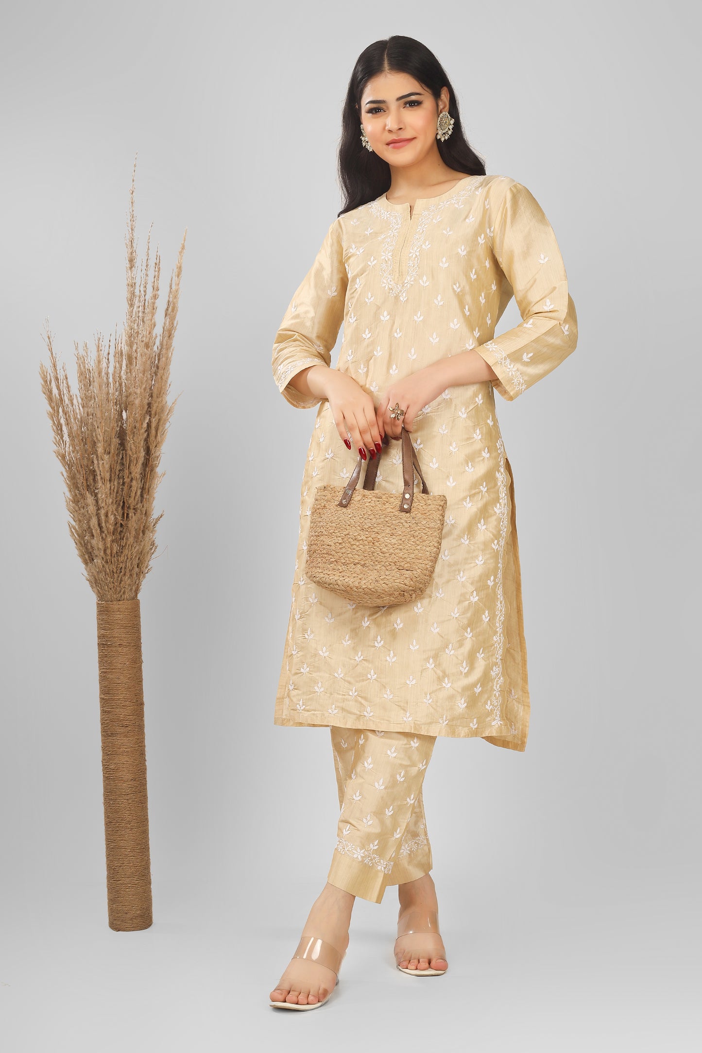 'Everlasting Grace' Cream Raw Silk Chikankari Kurta-Pant Set