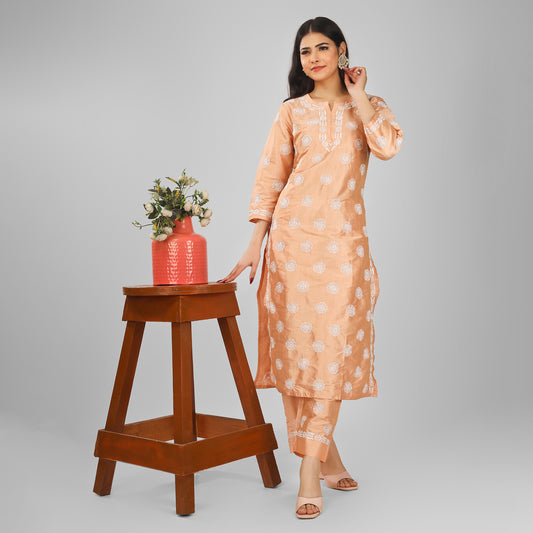 'Peppy Peach' Silk Chikankari Kurta-Pant Set