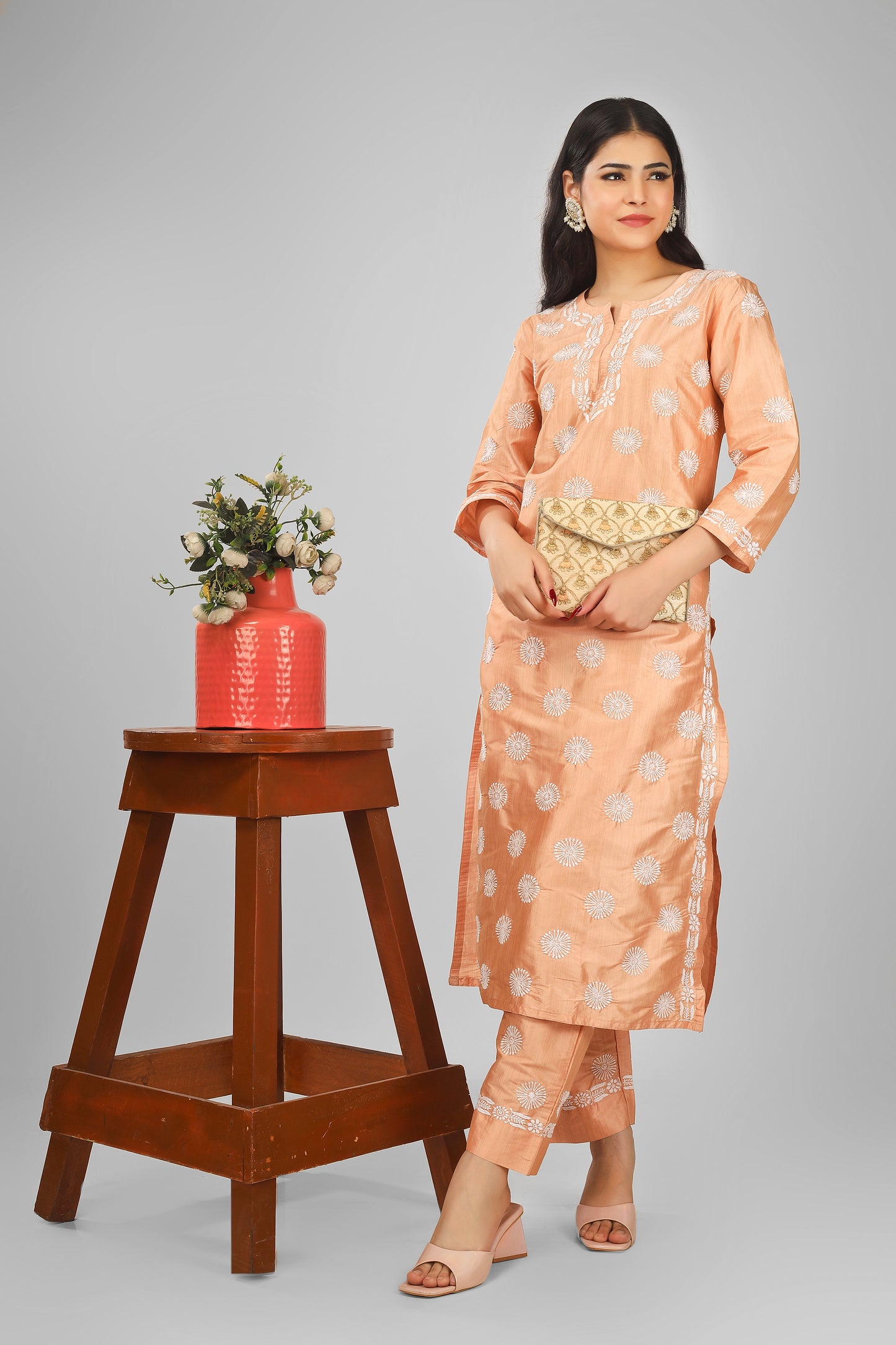'Peppy Peach' Silk Chikankari Kurta-Pant Set