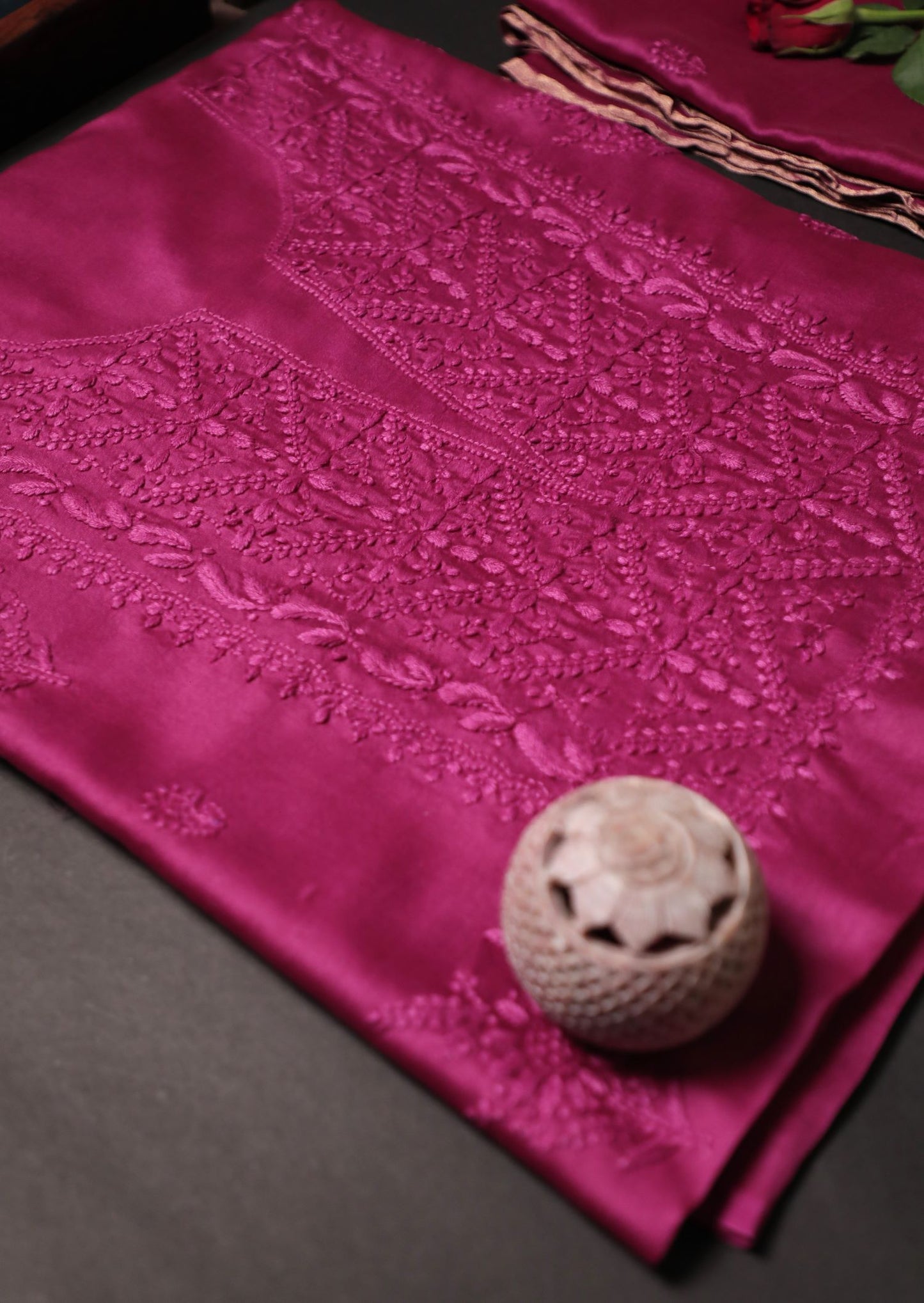 Wine Chanderi Unstitched Chikankari Suit Set