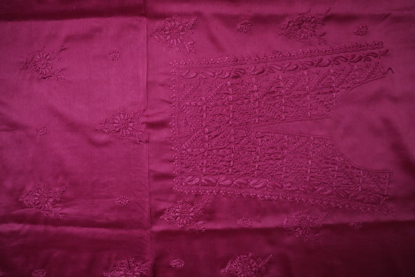Wine Chanderi Unstitched Chikankari Suit Set