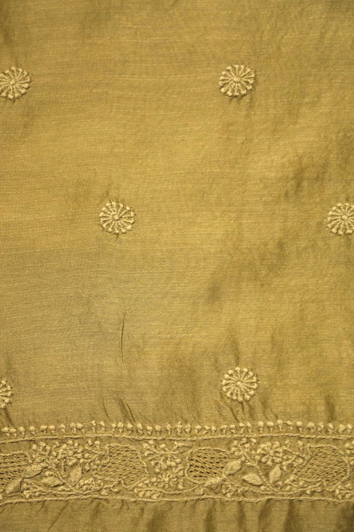 Golden Olive Chanderi Unstitched Chikankari Collared Kurta Set