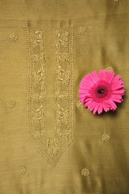 Golden Olive Chanderi Unstitched Chikankari Collared Kurta Set