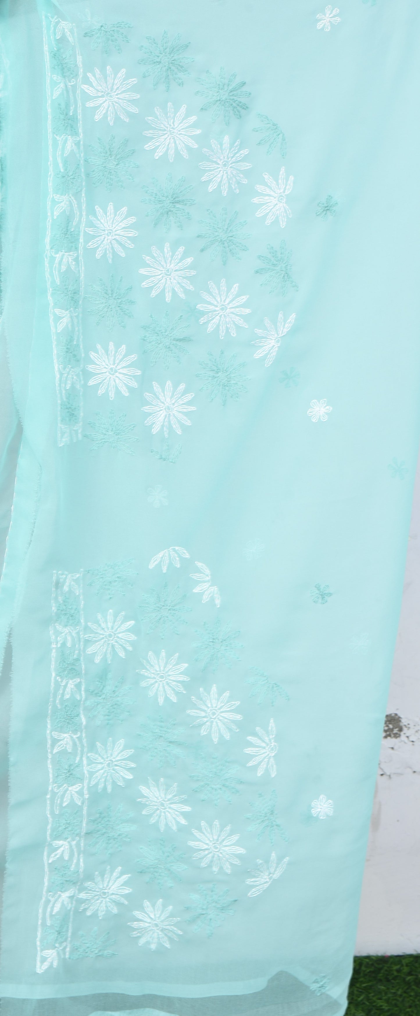 'Delightfully Green' Georgette Chikankari Saree with all-over embroidery