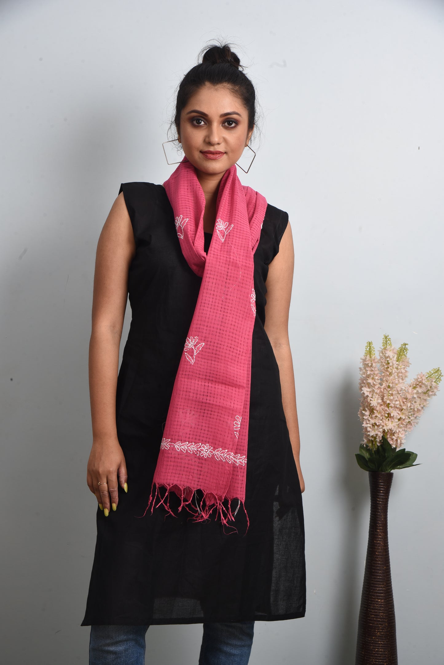 Magenta Pink Handloom Cotton Chikankari embroidered Stole