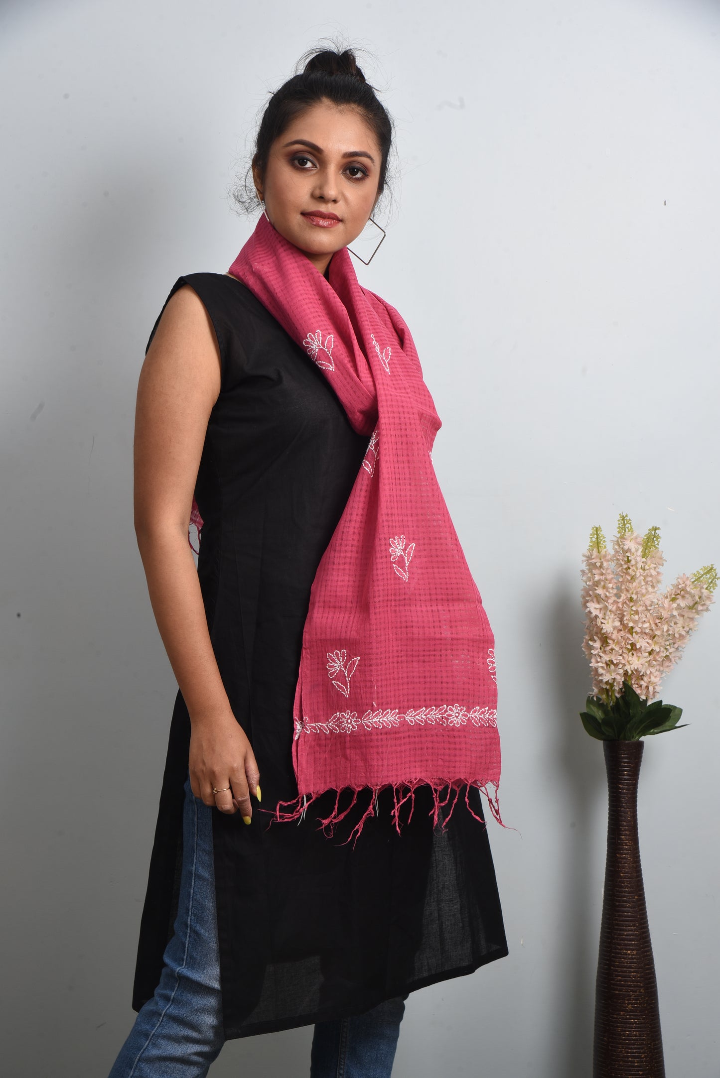 Magenta Pink Handloom Cotton Chikankari embroidered Stole