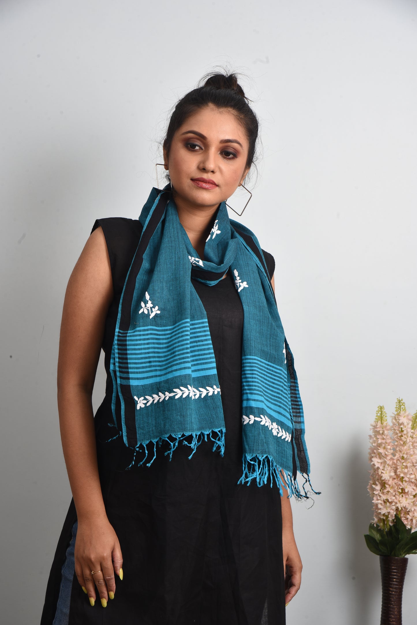 Rustic Blue Handloom Cotton Chikankari embroidered Stole