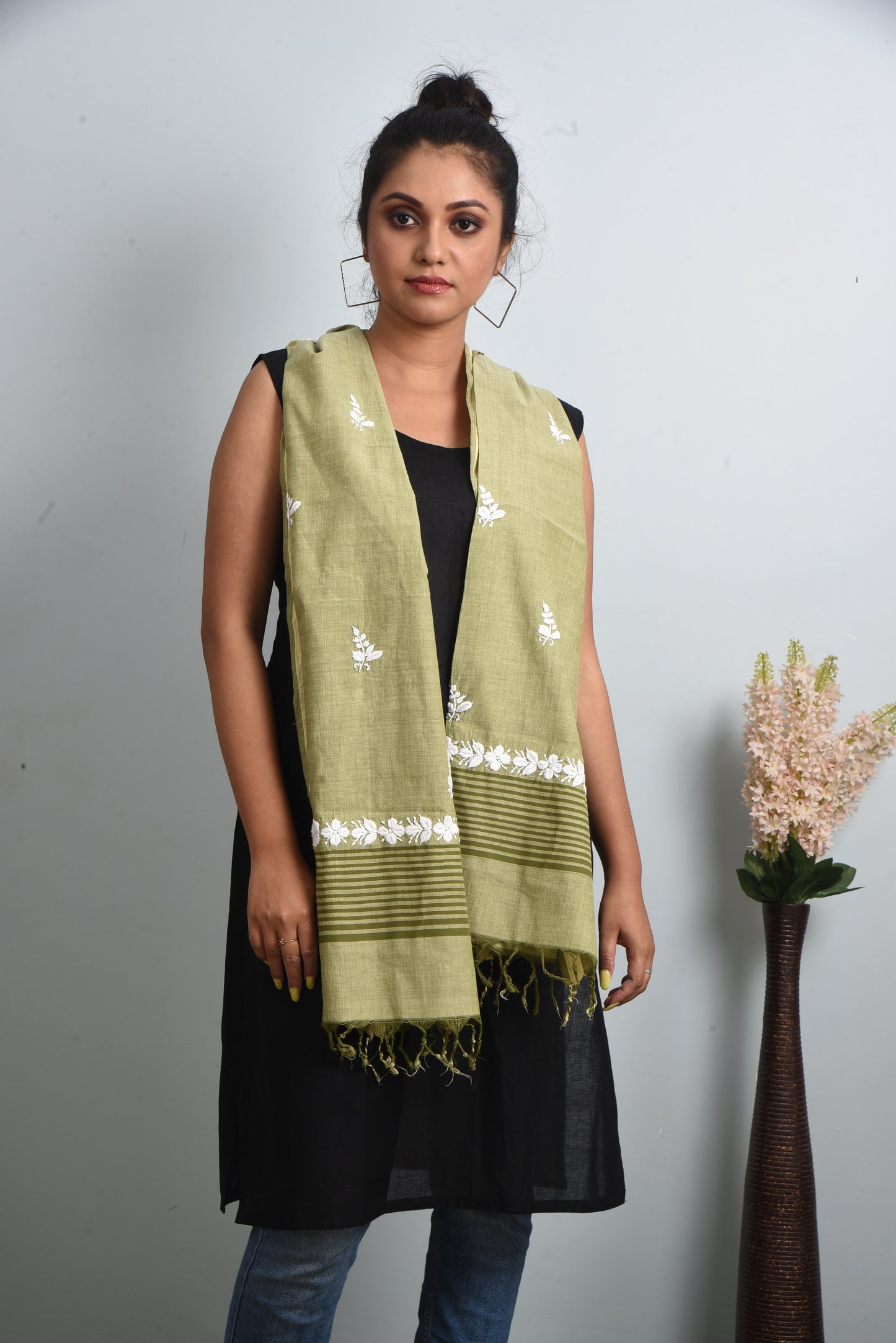 Olive Green Handloom Cotton Chikankari embroidered Stole