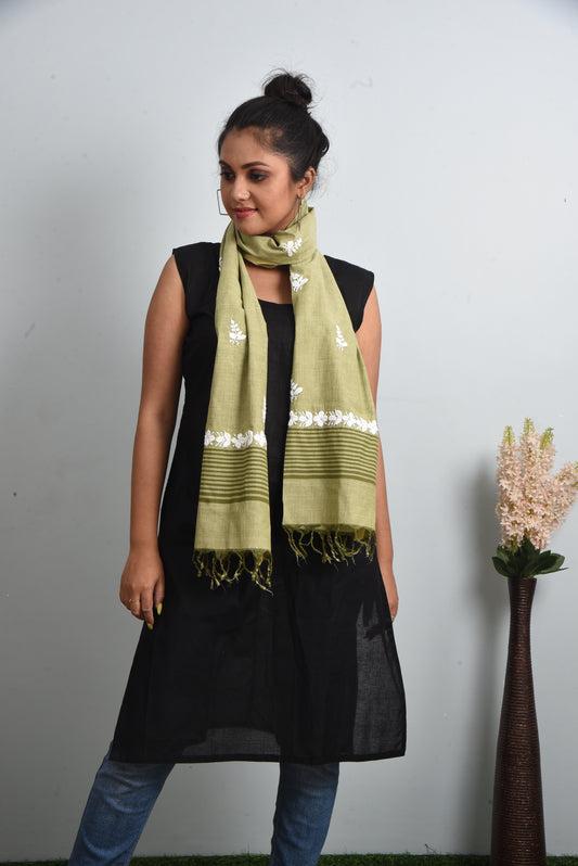 Olive Green Handloom Cotton Chikankari embroidered Stole