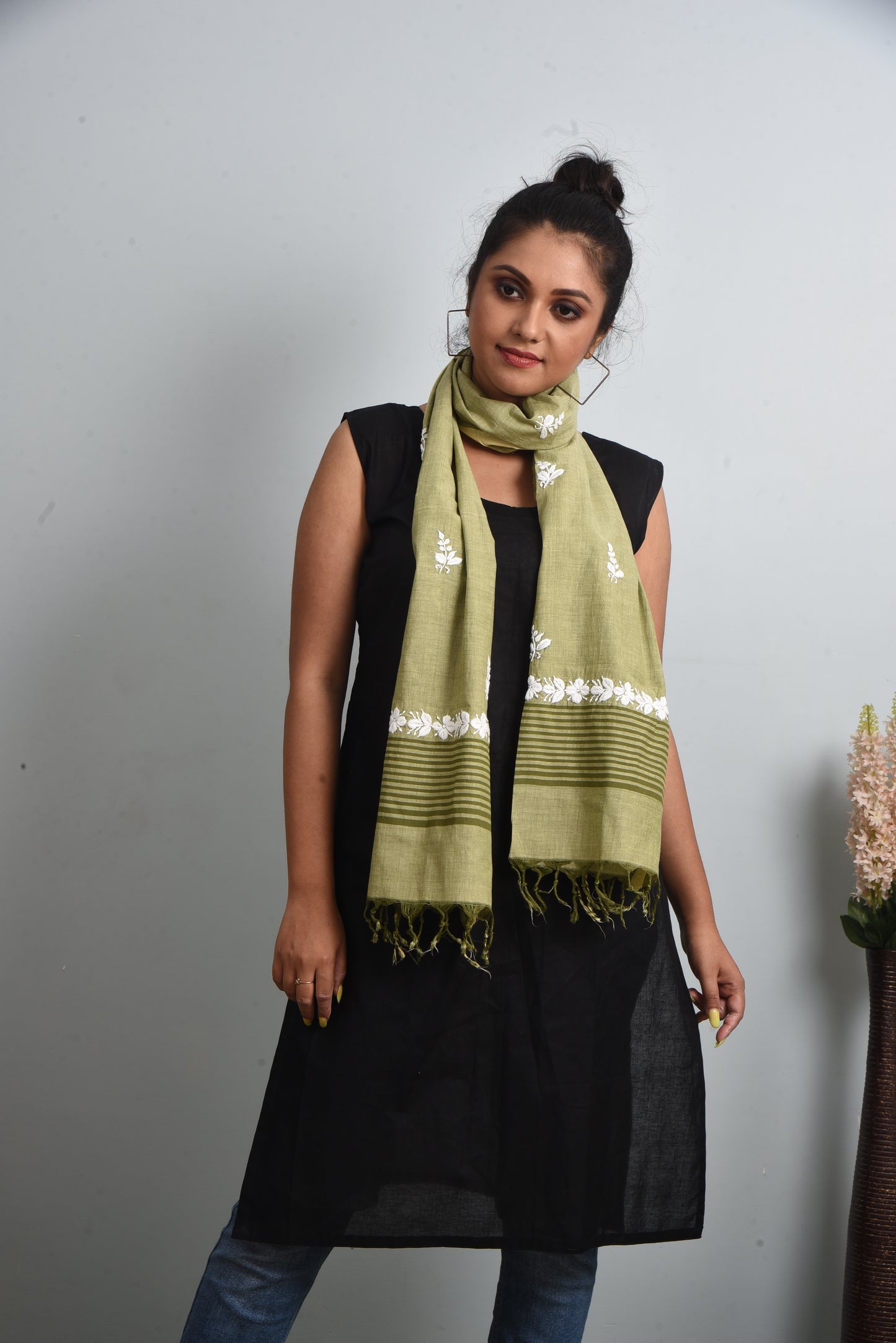 Olive Green Handloom Cotton Chikankari embroidered Stole