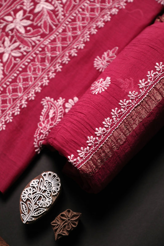 'Dreamy Red' Mul Chanderi Unstitched Chikankari Suit Set
