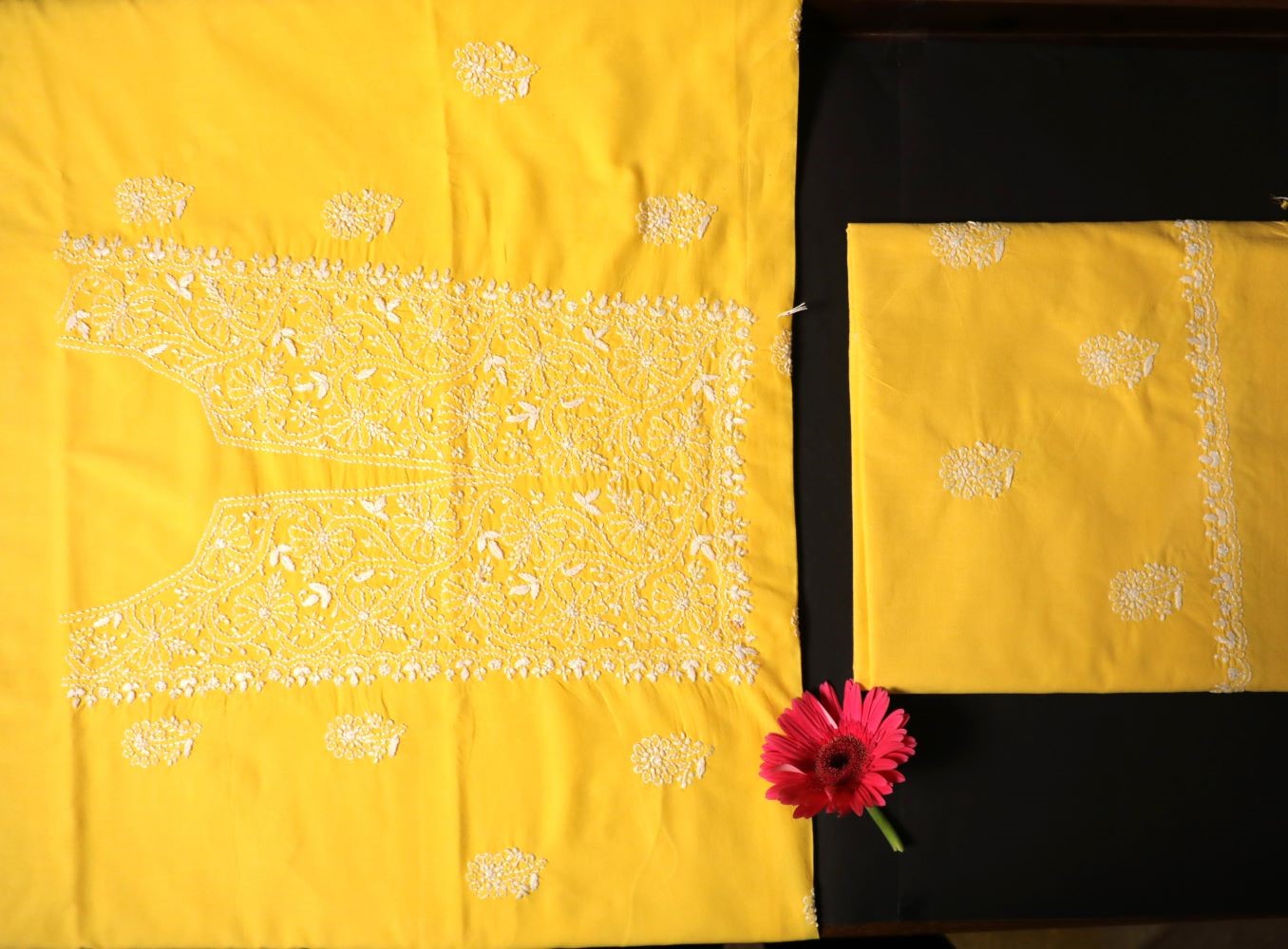 Cheerful Mul Yellow Cotton Unstitched Chikankari Kurta Pant Set