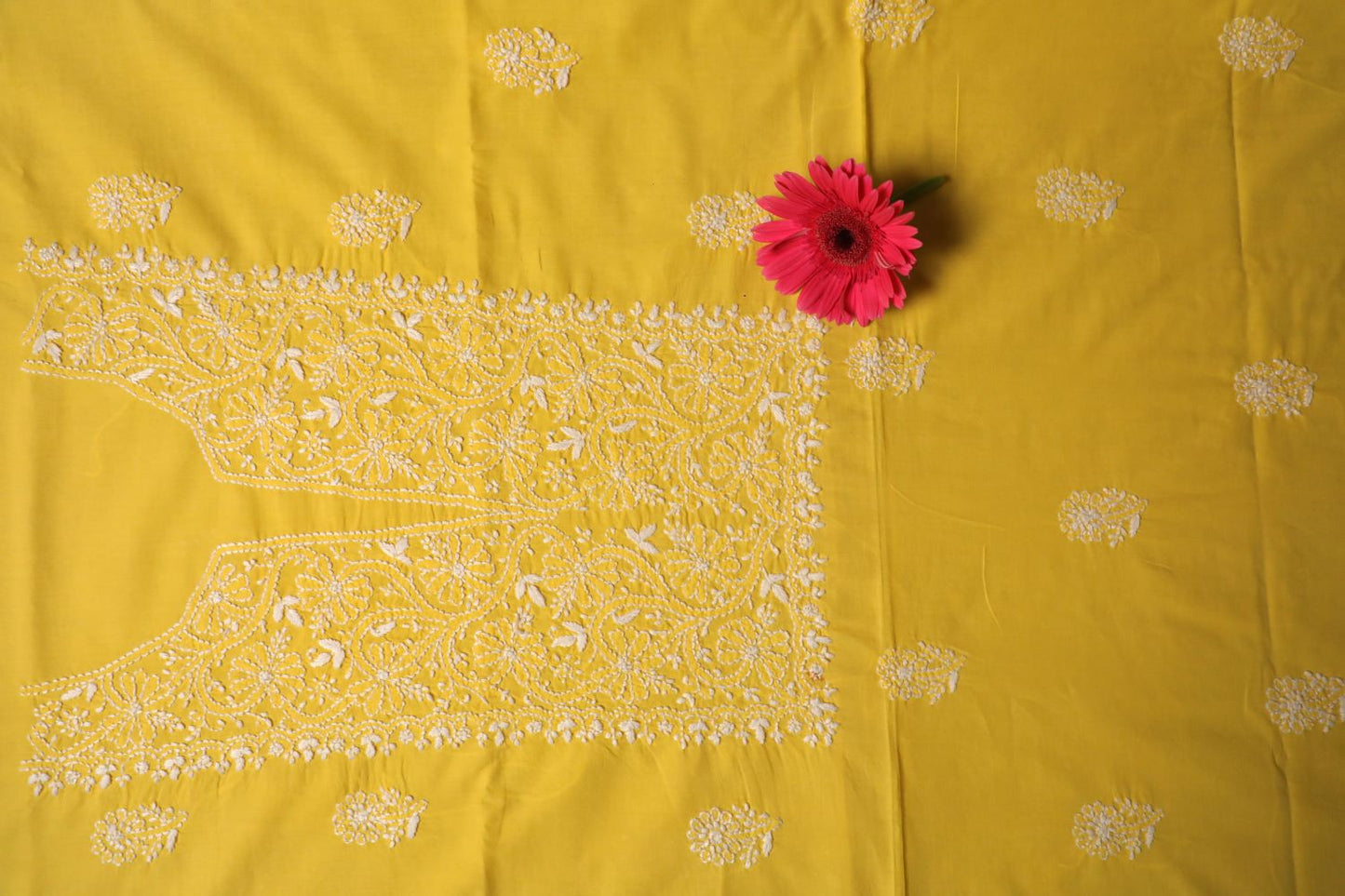 Cheerful Mul Yellow Cotton Unstitched Chikankari Kurta Pant Set