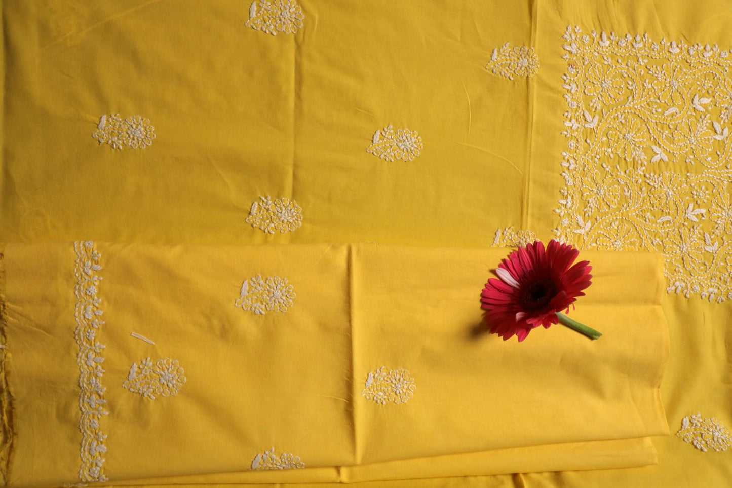 Cheerful Mul Yellow Cotton Unstitched Chikankari Kurta Pant Set