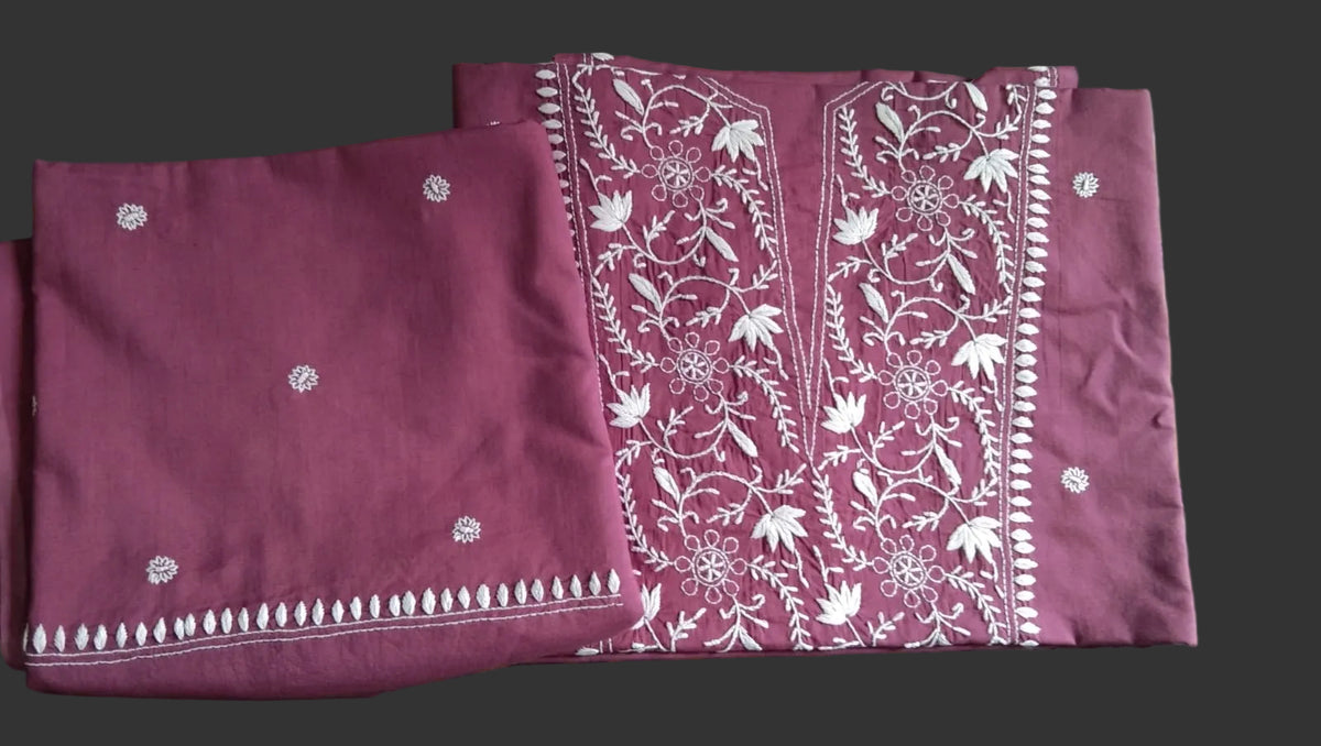 Wine Soft Cotton Unstitched Chikankari Kurta Pant Set