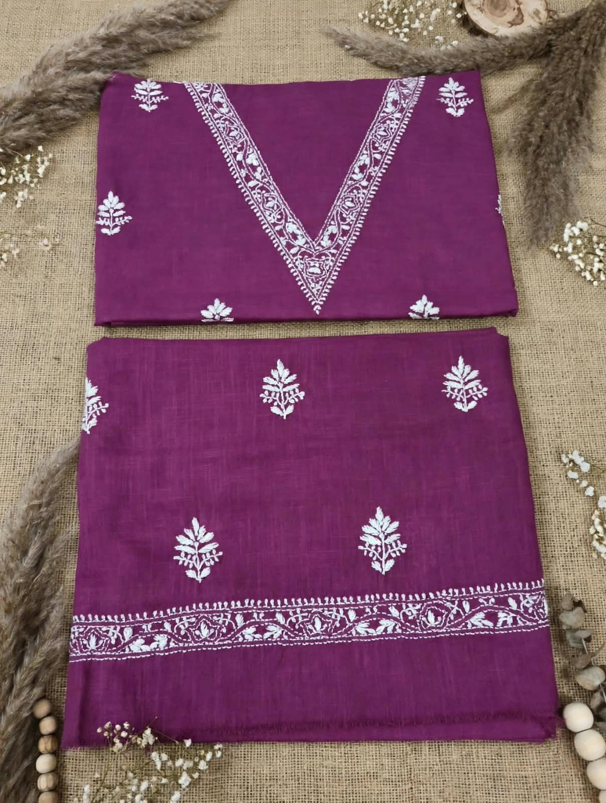 Onion Pink V Neck Check Cotton Hand Embroidered Chikankari Dress Material