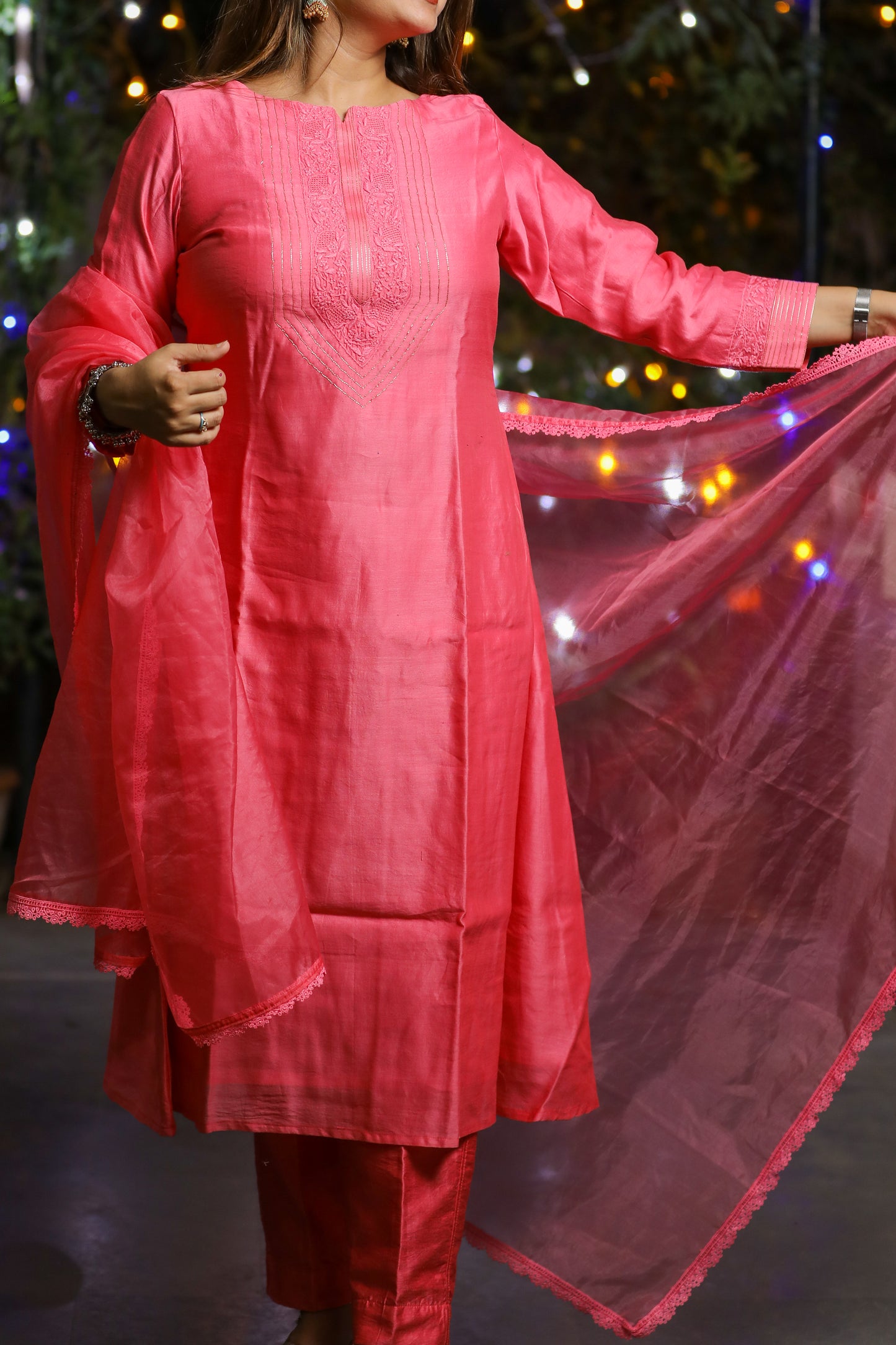Festive Pink Chanderi Chikankari A-line Suit Set