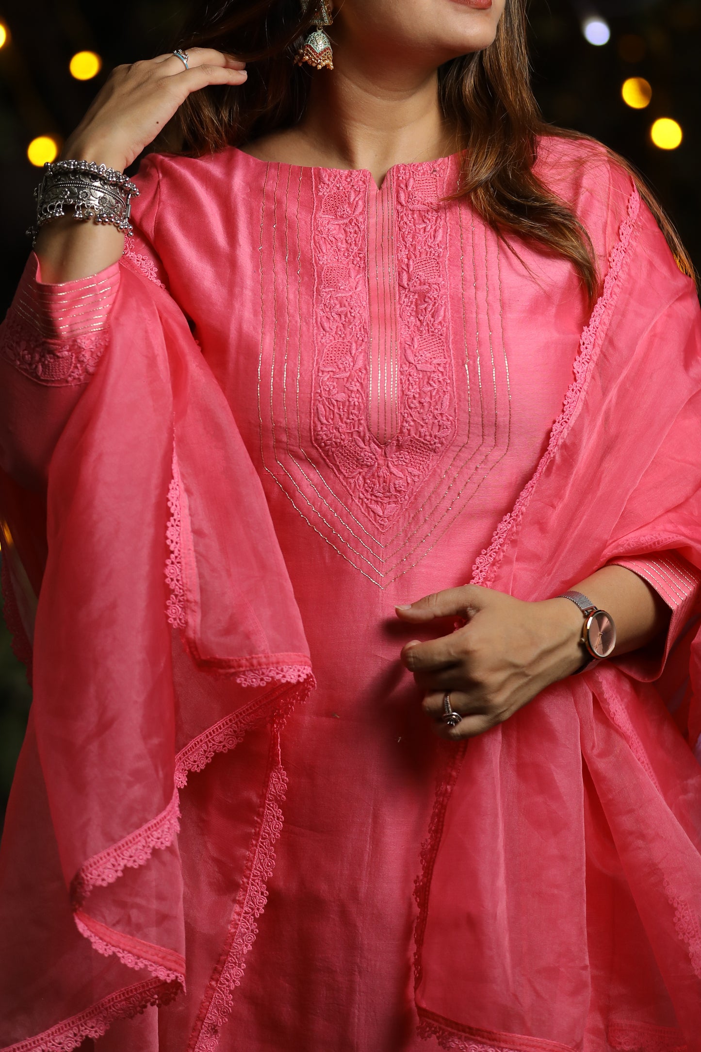 Festive Pink Chanderi Chikankari A-line Suit Set