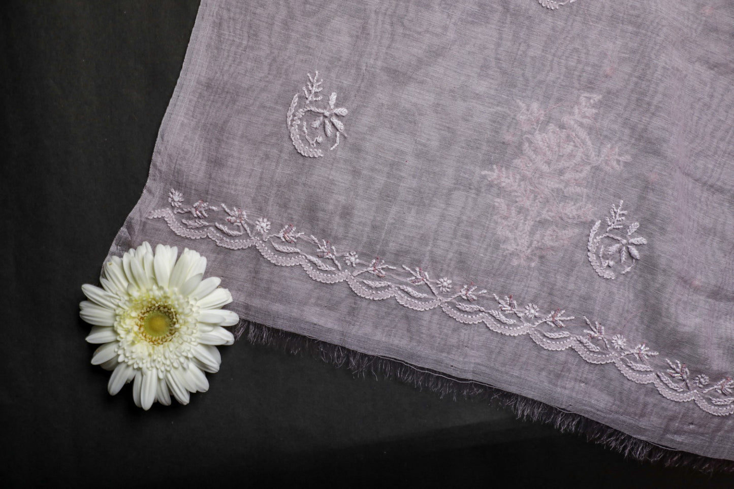 'Sparkling Twilight' Lavender Mul Chanderi Embellished Unstitched Chikankari Suit Set
