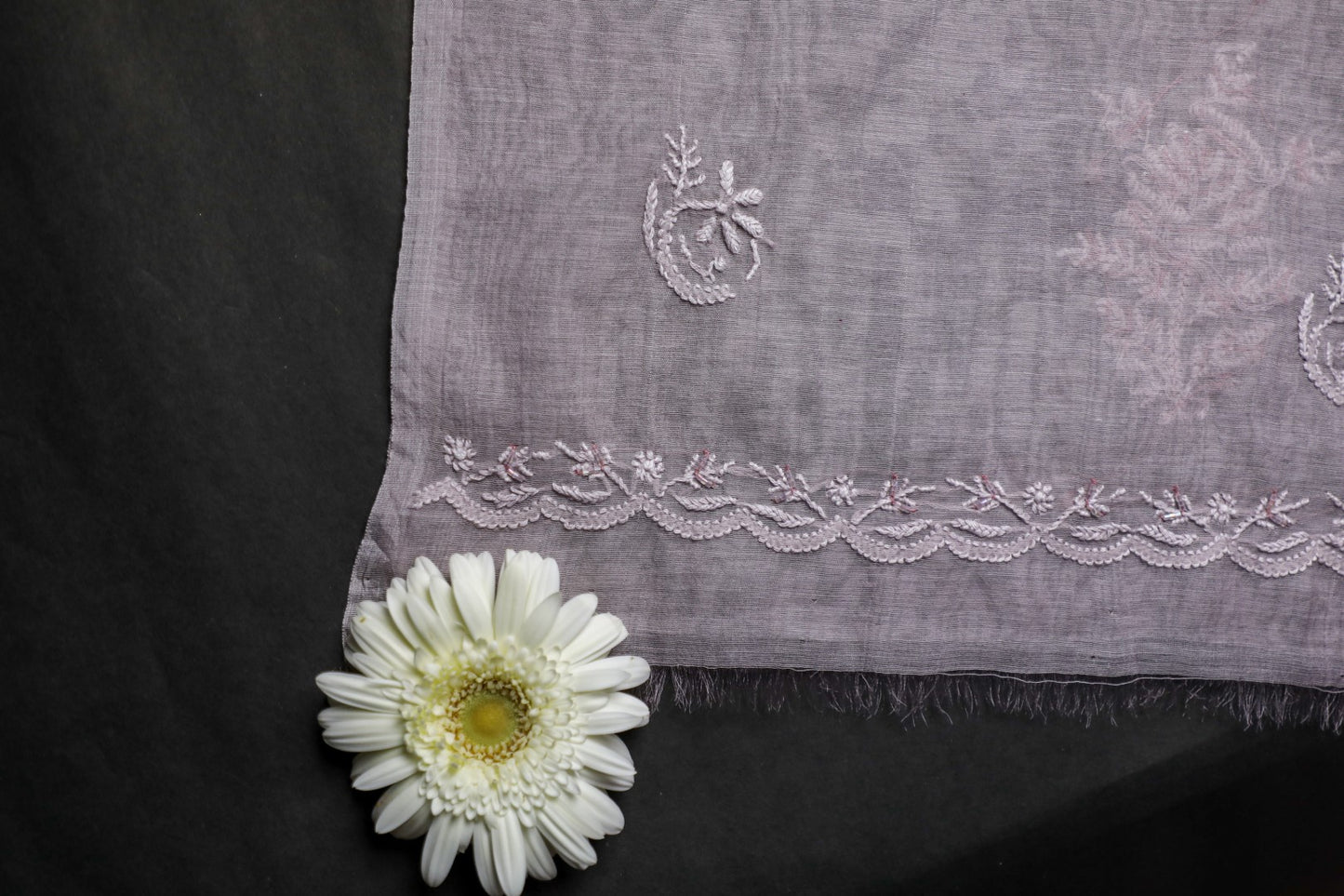 'Sparkling Twilight' Lavender Mul Chanderi Embellished Unstitched Chikankari Suit Set