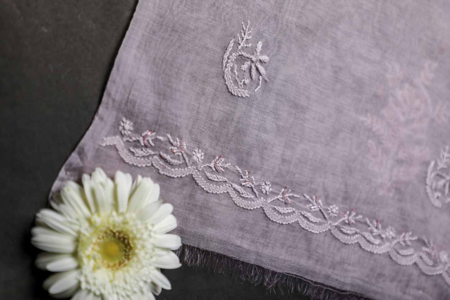 'Sparkling Twilight' Lavender Mul Chanderi Embellished Unstitched Chikankari Suit Set