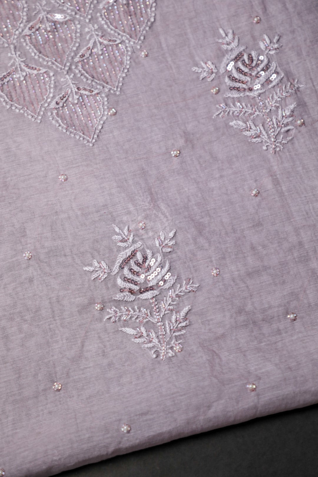 'Sparkling Twilight' Lavender Mul Chanderi Embellished Unstitched Chikankari Suit Set