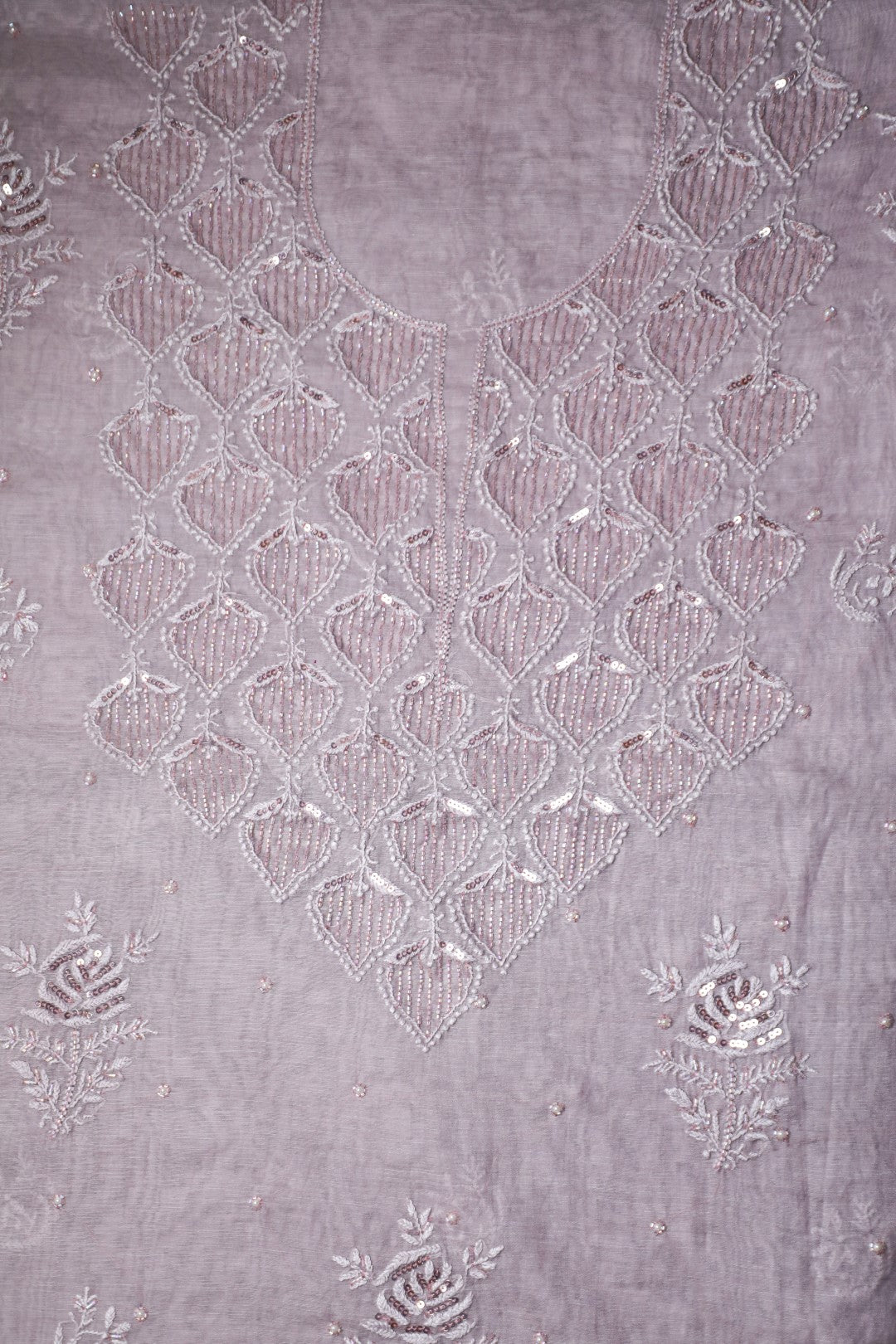 'Sparkling Twilight' Lavender Mul Chanderi Embellished Unstitched Chikankari Suit Set