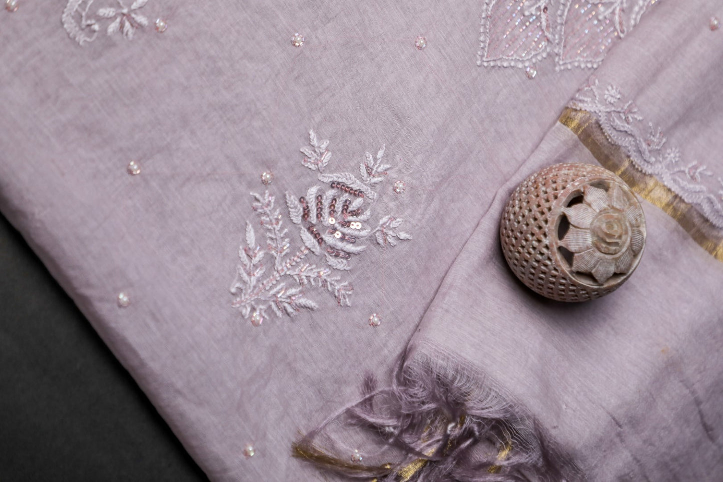 'Sparkling Twilight' Lavender Mul Chanderi Embellished Unstitched Chikankari Suit Set